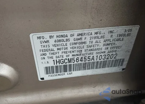 2005 Honda Accord 2.4 Lx z USA, uszkodzony, nr VIN 1HGCM56455A103202